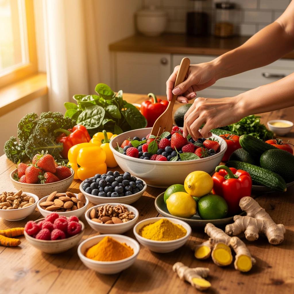Preparing a colourful bowl of fruit and vegetables