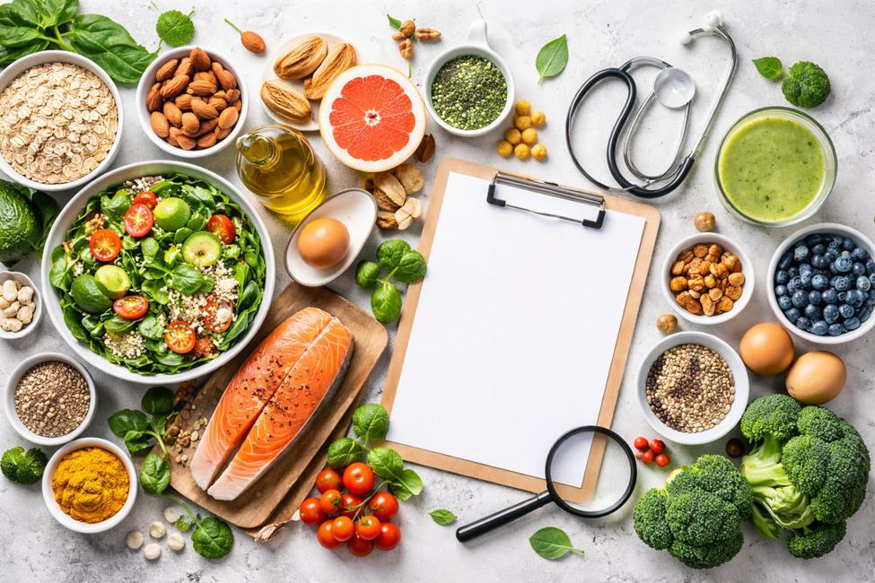 Healthy foods, clipboard, magnifying glass and stethoscope
