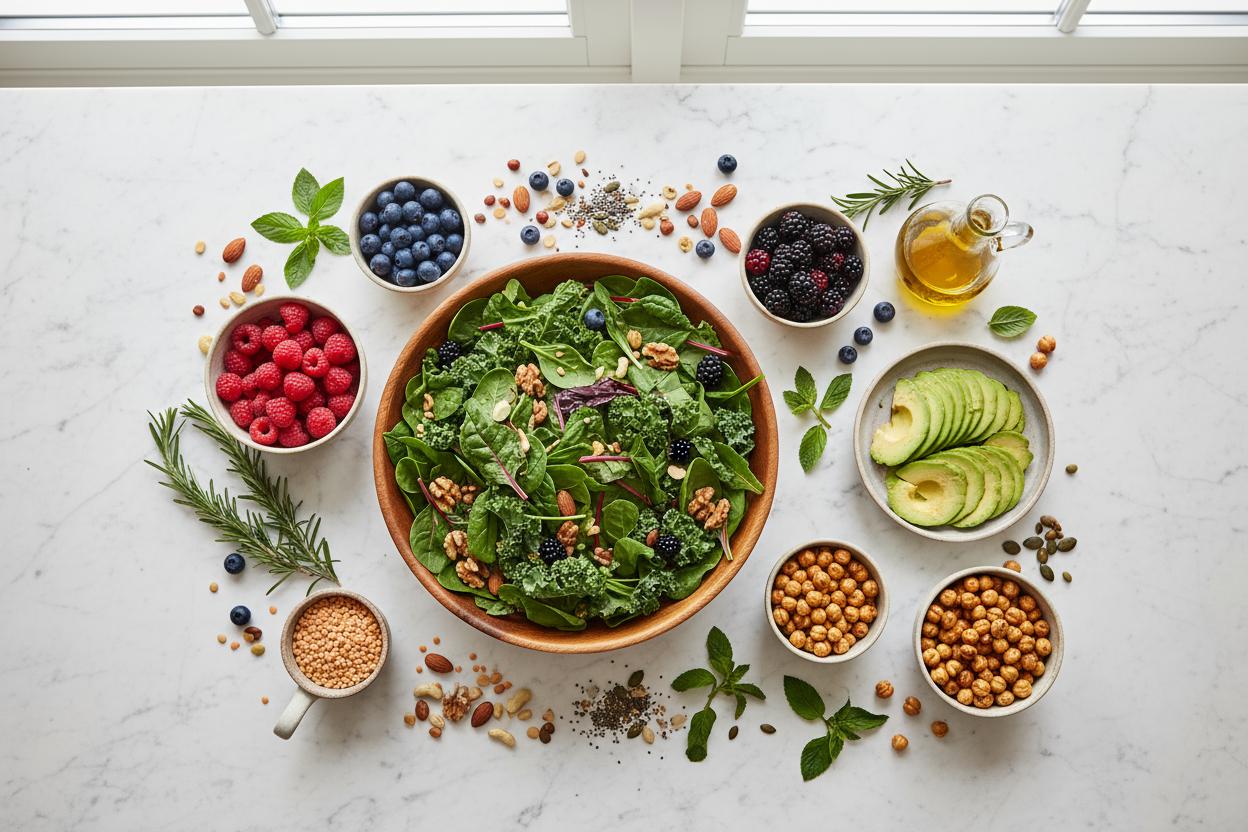 Fresh green salad with berries, avocado, nuts and seeds