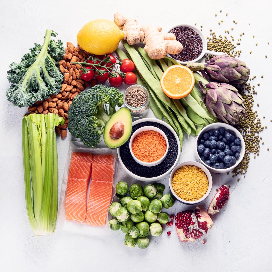 Salmon, vegetables, fruit, pulses, nuts and seeds